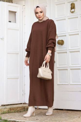 Zikzak Desenli Triko Elbise TSD240215 Kahverengi - 3