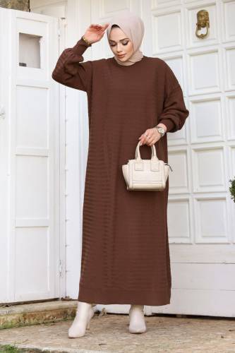 Zikzak Desenli Triko Elbise TSD240215 Kahverengi - 4