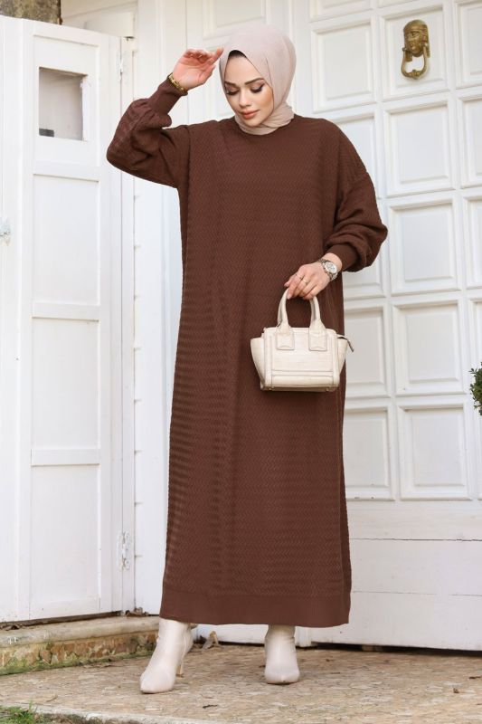 Zikzak Desenli Triko Elbise TSD240215 Kahverengi - 4