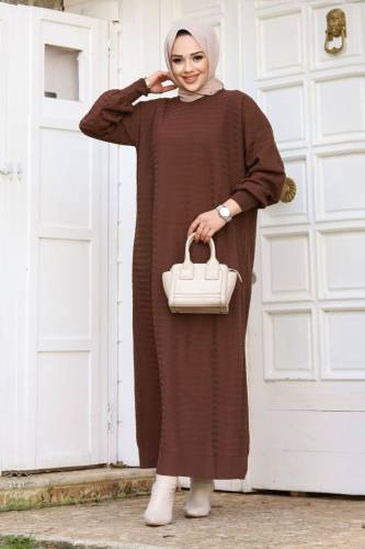 Zikzak Desenli Triko Elbise TSD240215 Kahverengi - 1