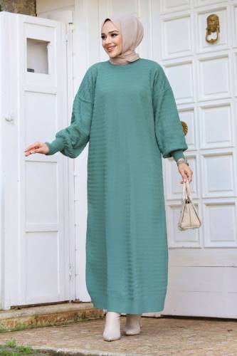 Zikzak Desenli Triko Elbise TSD240215 Mint Yeşili 