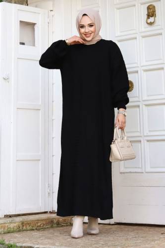 Zikzak Desenli Triko Elbise TSD240215 Siyah 