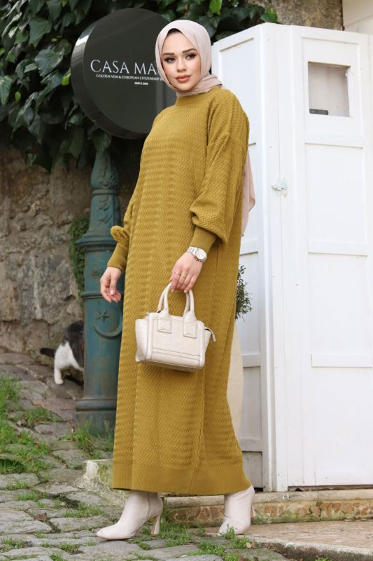 Zikzak Desenli Triko Elbise TSD240215 Yağ Yeşili - 3