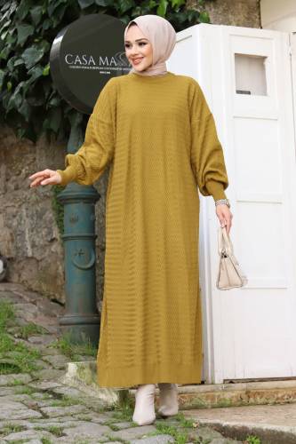 Zikzak Desenli Triko Elbise TSD240215 Yağ Yeşili - 4