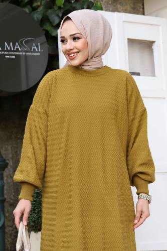 Zikzak Desenli Triko Elbise TSD240215 Yağ Yeşili - 2