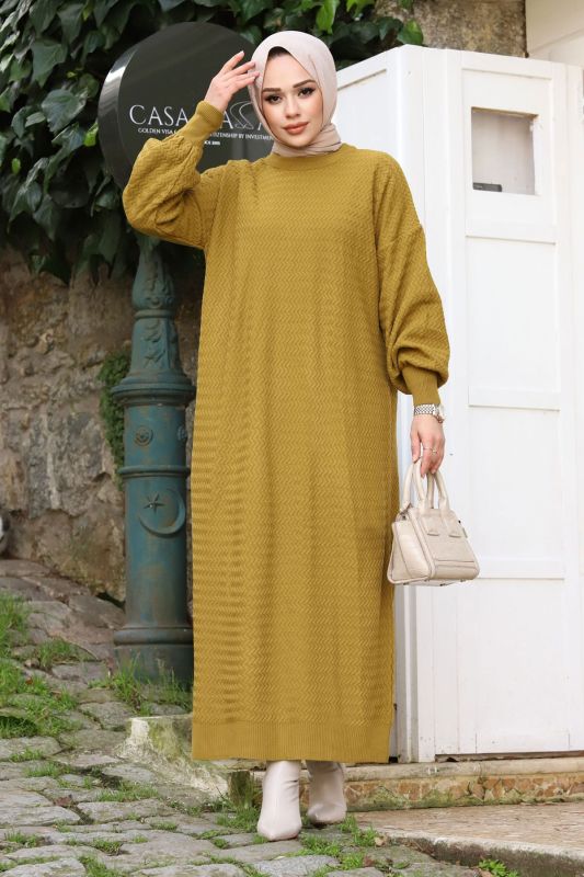 Zikzak Desenli Triko Elbise TSD240215 Yağ Yeşili - 1