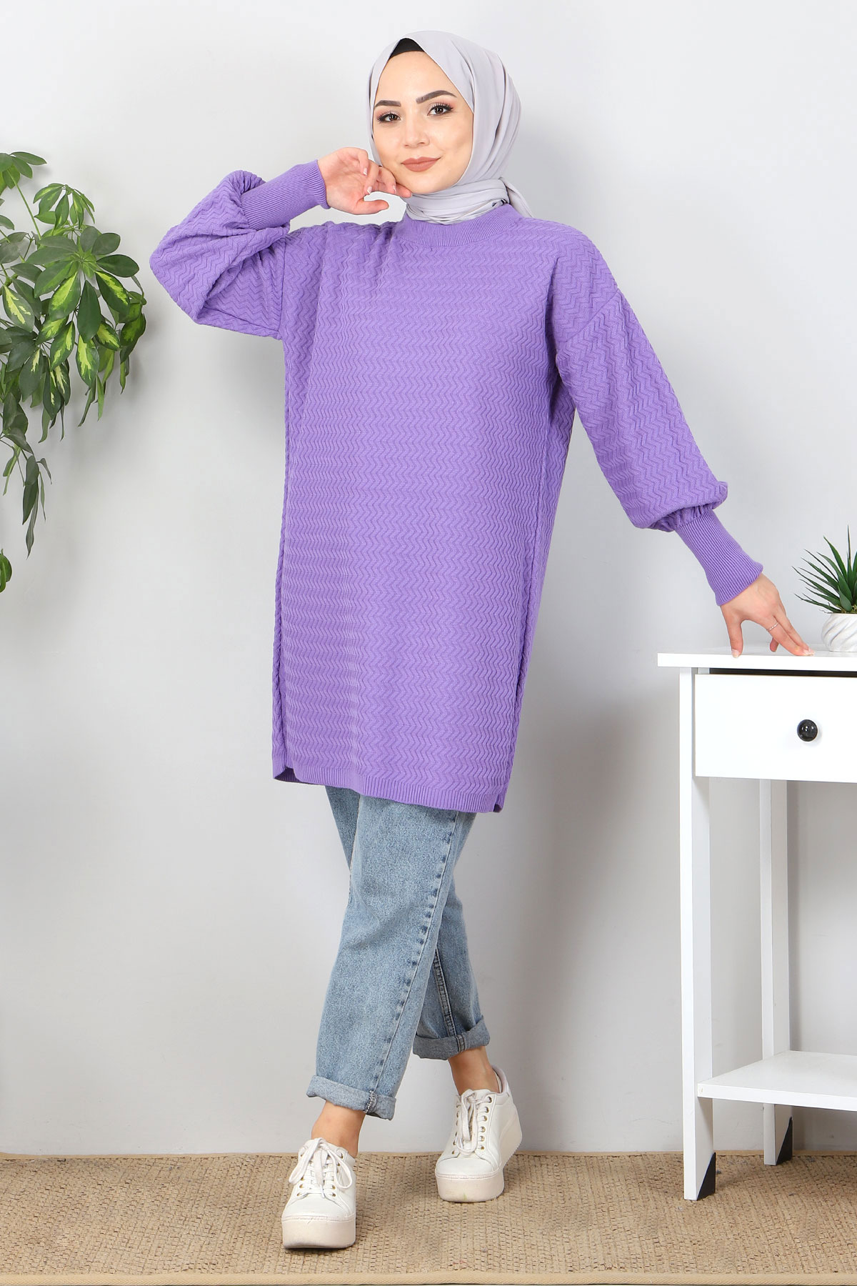 Tesettür Dünyası - Zigzag Patterned Knitwear Tunic TSD5180 Purple