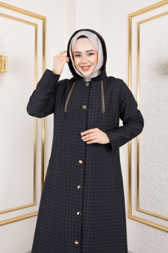 Kapüşonlu Zincir Detaylı Kapitone Kap TSD250162 Siyah - 2