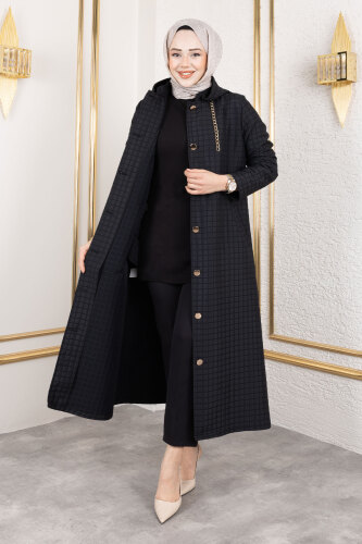 Kapüşonlu Zincir Detaylı Kapitone Kap TSD250162 Siyah - 3