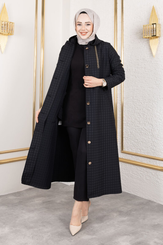 Kapüşonlu Zincir Detaylı Kapitone Kap TSD250162 Siyah - 3