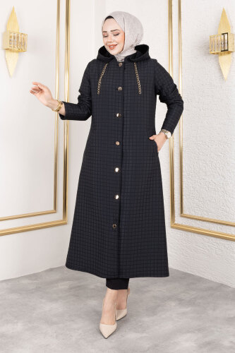 Kapüşonlu Zincir Detaylı Kapitone Kap TSD250162 Siyah 