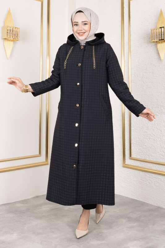 Kapüşonlu Zincir Detaylı Kapitone Kap TSD250162 Siyah - 4