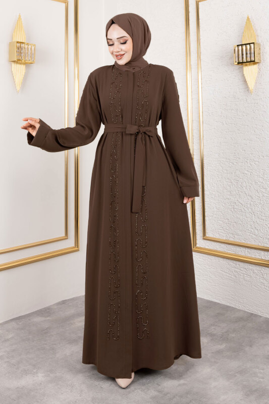 Zincir Taş Detaylı Abaya TSD250126 Kahverengi - 