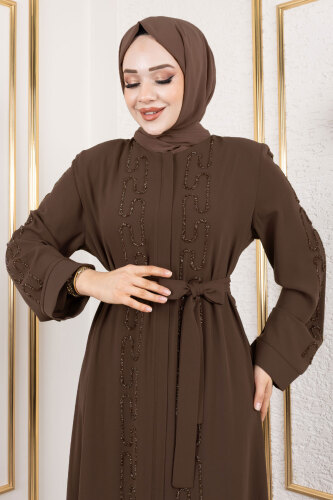 Zincir Taş Detaylı Abaya TSD250126 Kahverengi - (1)
