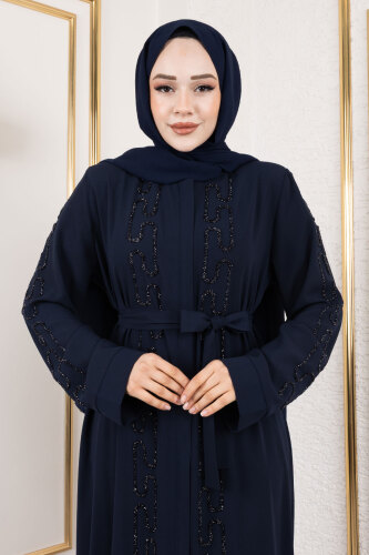 Zincir Taş Detaylı Abaya TSD250126 Lacivert - (1)