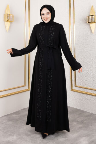 Zincir Taş Detaylı Abaya TSD250126 Siyah - 