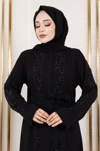 Zincir Taş Detaylı Abaya TSD250126 Siyah - (1)